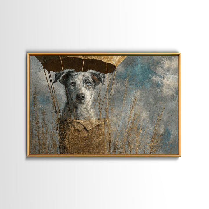 Dog in a Hot Air Balloon Framed Canvas Print, Whimsical Art, Digital Print, Living Room Decor, Fine Art, Wonder, Bird Art, WHI-3x2-18