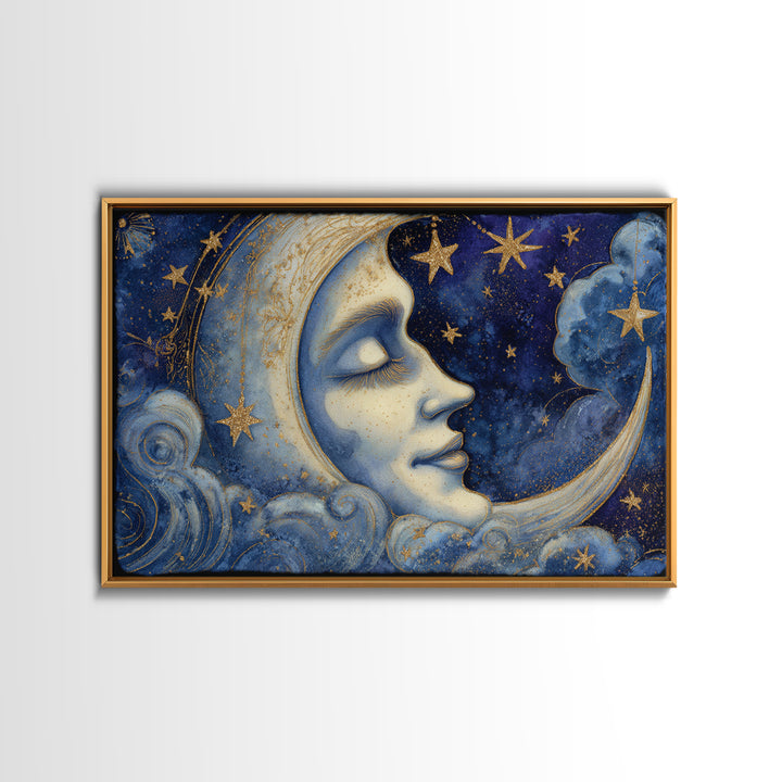 Moon with Sleeping Face and Dangling Stars Canvas Print, Whimsical Art, Nursery Wall Decor, Living Room Decor, Wonder, WHI-3x2-20