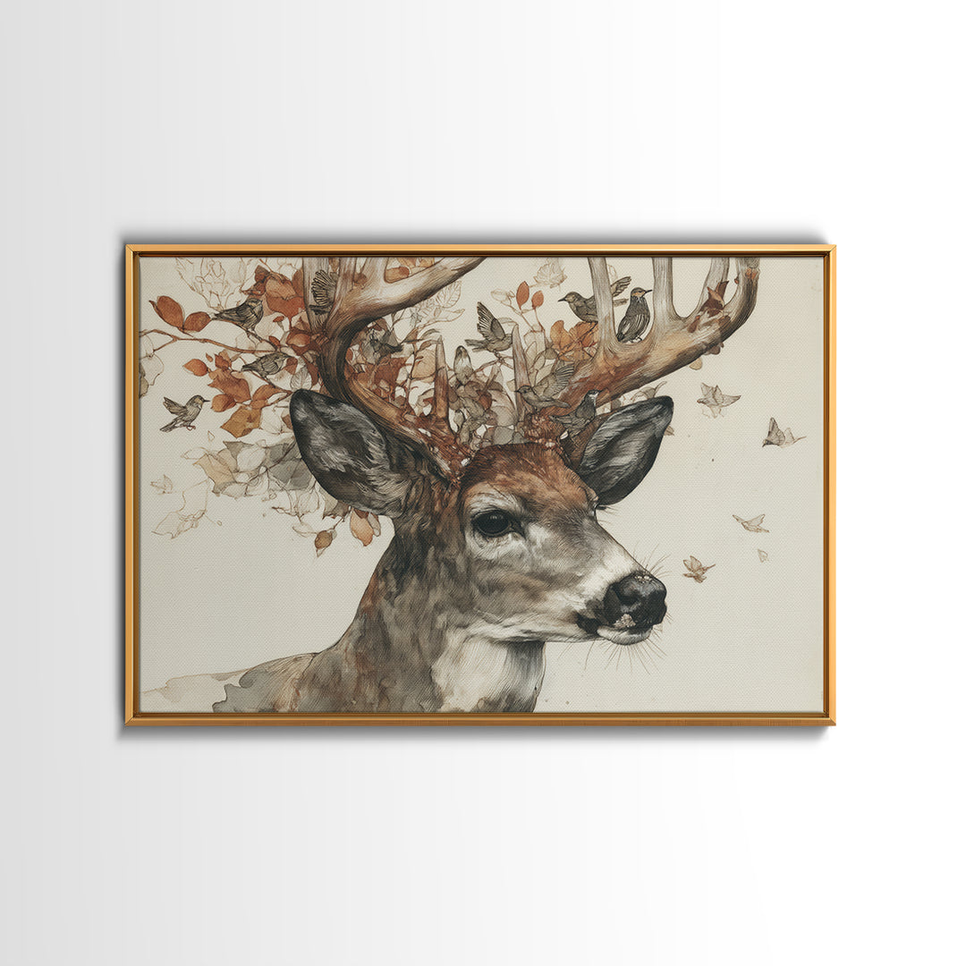Deer with Antlers Full of Birds Framed Canvas Print, Whimsical Art, Nursery Art, Living Room Decor, Fine Art, Wonder, WHI-3x2-23