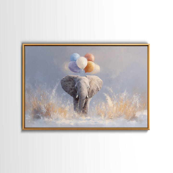 Elephant Holding Balloons Framed Canvas Print, Whimsical Art, Statement Artwork, Living Room Decor, Fine Art, Wonder, WHI-3x2-31