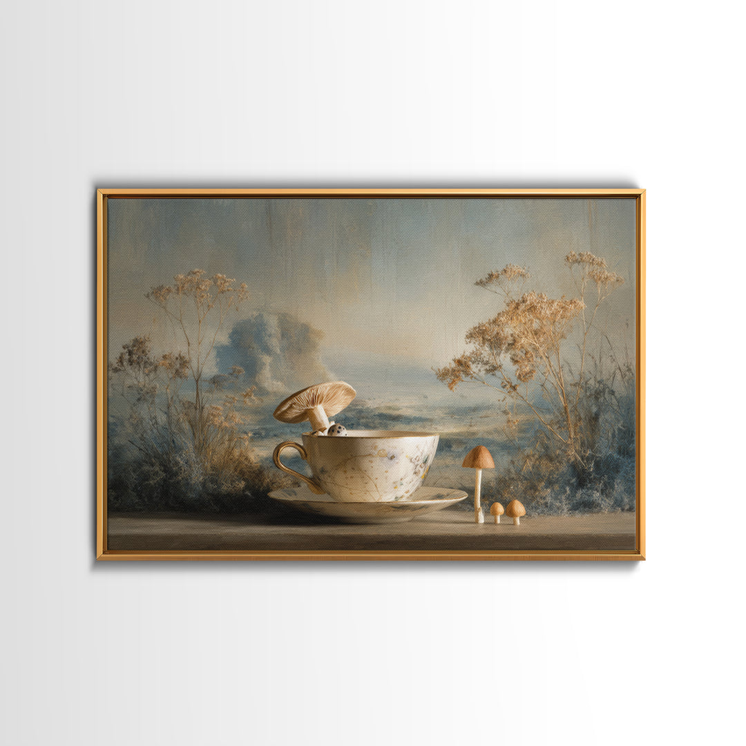Teacup Garden with Tiny Mushrooms Canvas Print, Whimsical Art, Nursery Art, Living Room Decor, Oil Painting, Wonder, WHI-3x2-32