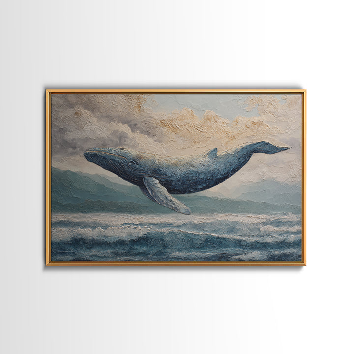 Whale Flying Through Clouds Like Ocean Framed Canvas Print, Whimsical Art, Watercolor Art, Living Room Decor, Wonder, WHI-3x2-41