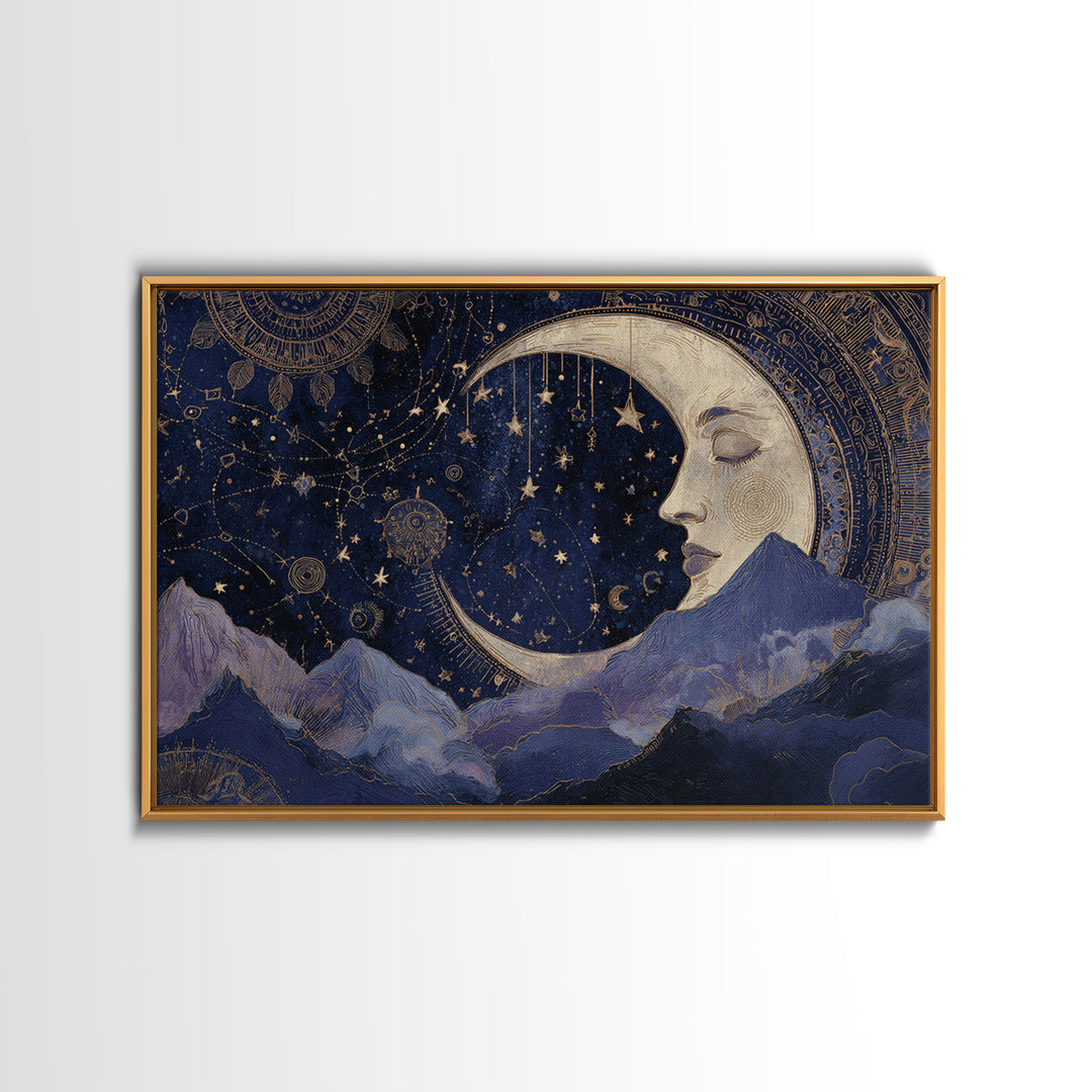 Moon with Sleeping Face and Dangling Stars Canvas Print, Whimsical Art, Watercolor Art, Living Room Decor, Fine Art, Wonder, WHI-3x2-44
