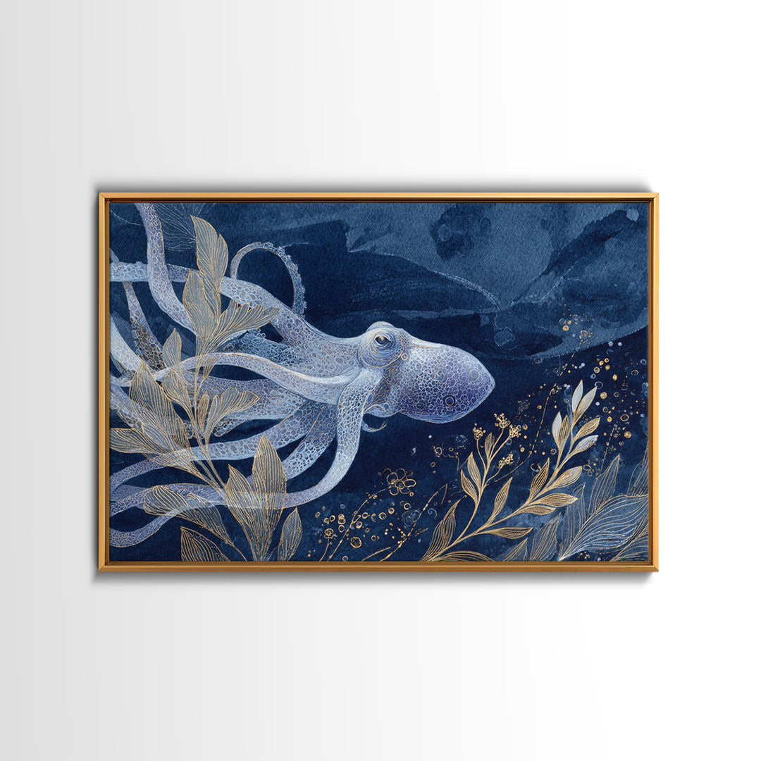 Octopus Conductor with Tiny Instruments Framed Canvas Print, Whimsical Art, Dark Academia Decor, Living Room Decor, Wonder, WHI-3x2-46