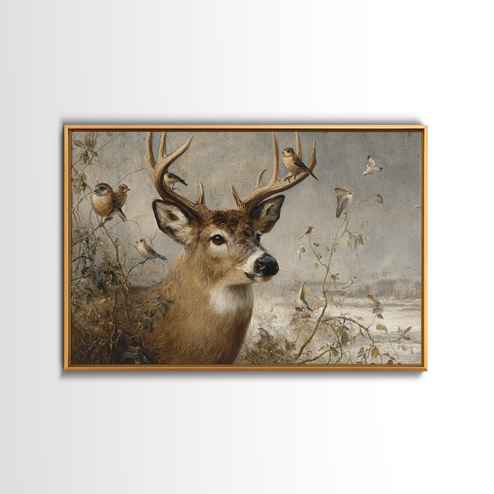 Deer with Antlers Full of Birds Framed Canvas Print, Whimsical Art, Printable Wall Art, Living Room Decor, Oil Painting, Wonder, WHI-3x2-47
