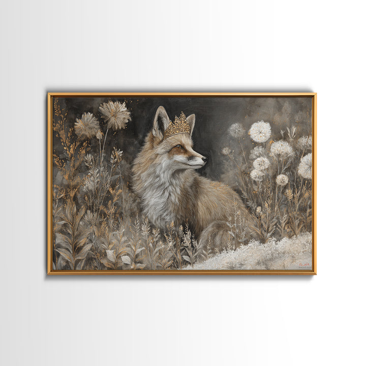 Fox Wearing a Tiny Crown Framed Canvas Print, Whimsical Art, Nursery Art, Living Room Decor, Oil Painting, Wonder, WHI-3x2-5