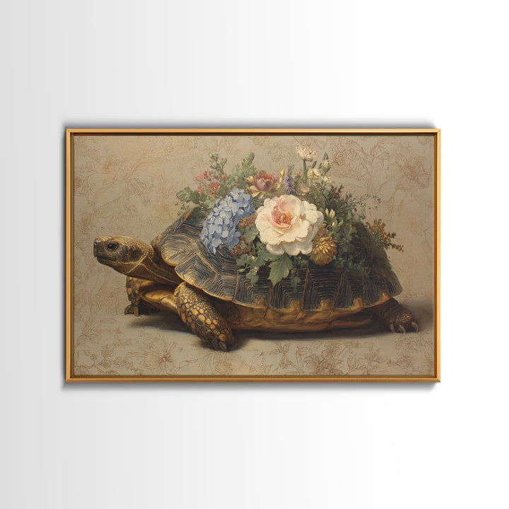 Turtle with Garden Growing on Shell Framed Canvas Print, Whimsical Art, Dopamine Decor, Living Room Decor, Fine Art, Wonder, WHI-3x2-50