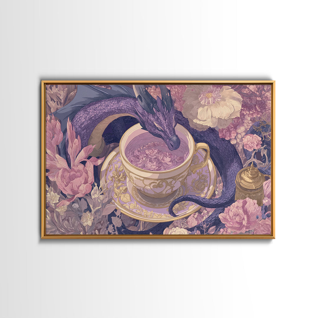 Dragon Curled Around a Teacup Canvas Print, Whimsical Art, Bird Art, Living Room Decor, Abstract Art, Wonder, Textured Painting, WHI-3x2-52
