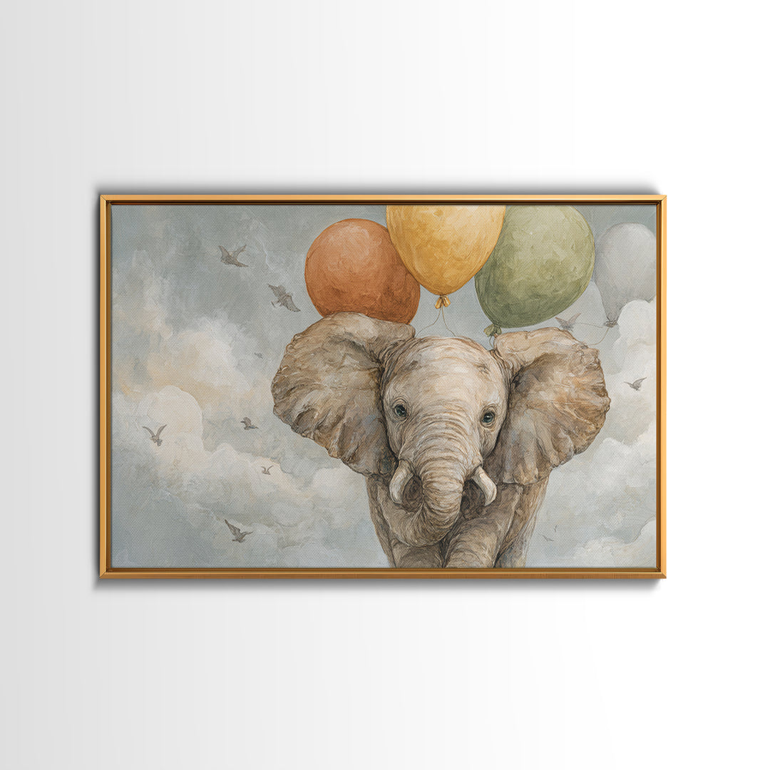 Elephant Holding Balloons Framed Canvas Print, Whimsical Art, Whimsical, Living Room Decor, Oil Painting, Wonder, Nursery Art, WHI-3x2-55
