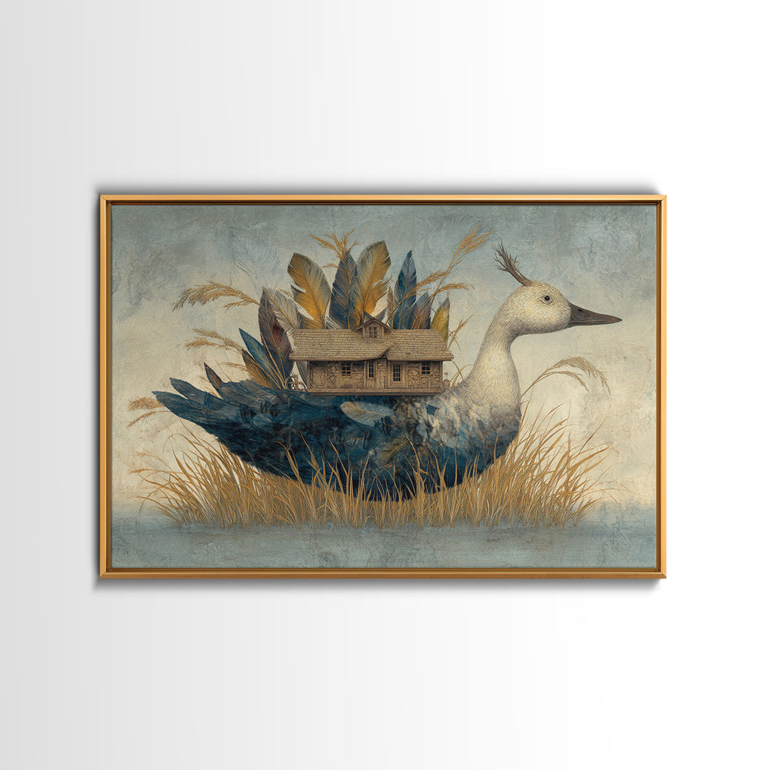 Floating House Carried by Colorful Birds Framed Canvas Print, Whimsical Art, Living Room Decor, Oil Painting, Wonder, WHI-3x2-59