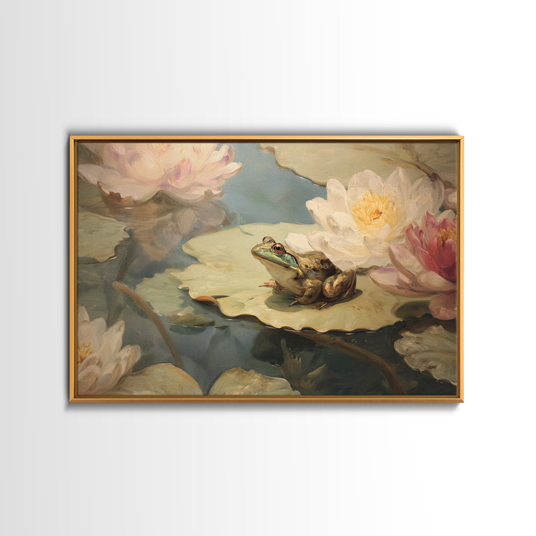 Frog Prince on a Lily Pad Framed Canvas Print, Whimsical Art, Textured Painting, Living Room Decor, Fine Art, Wonder, WHI-3x2-60