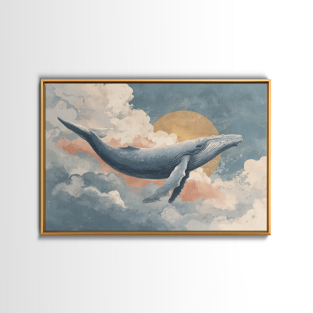 Whale Flying Through Clouds Like Ocean Framed Canvas Print, Whimsical Art, Watercolor Art, Living Room Decor, Wonder, WHI-3x2-65