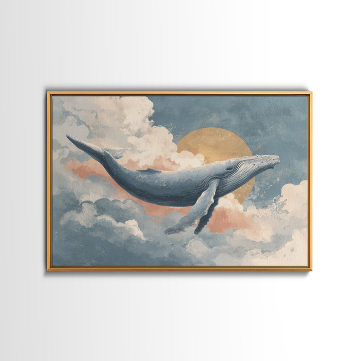 Whale Flying Through Clouds Like Ocean Framed Canvas Print, Whimsical Art, Watercolor Art, Living Room Decor, Wonder, WHI-3x2-65