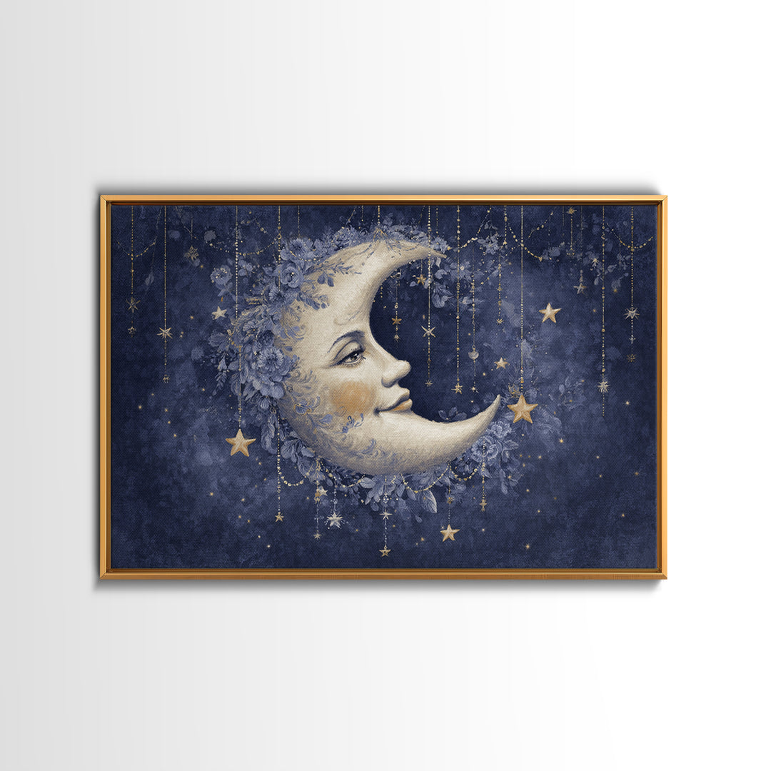 Moon with Sleeping Face and Dangling Stars Canvas Print, Whimsical Art, Minimalist Decor, Living Room Decor, Fine Art, Wonder, WHI-3x2-68