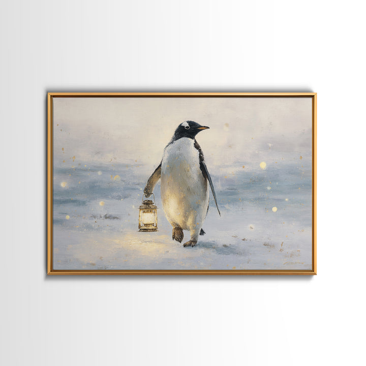 Penguin Holding a Lantern Framed Canvas Print, Whimsical Art, Gallery Decor, Living Room Decor, Fine Art, Wonder, Wall Art, WHI-3x2-69