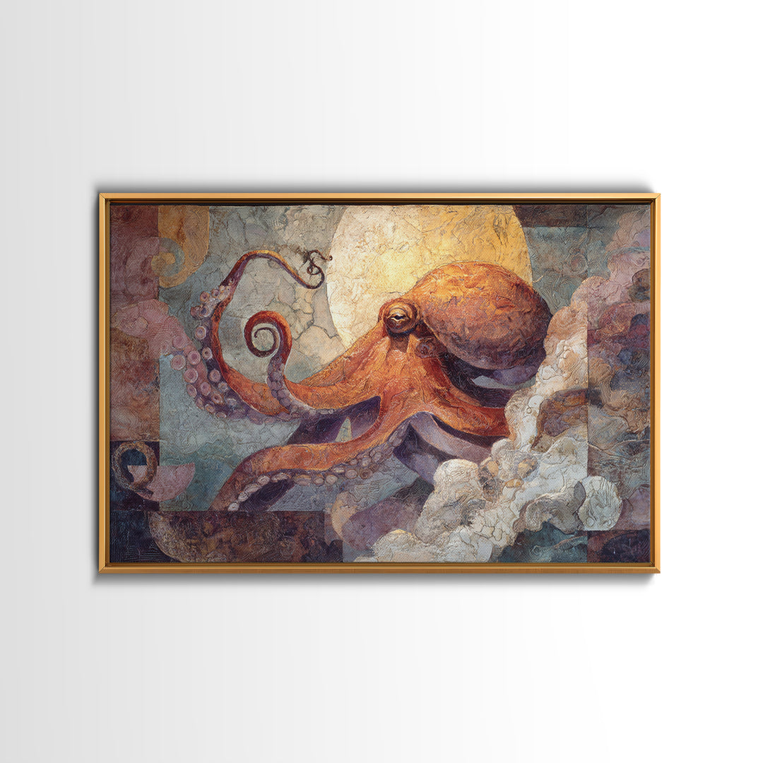 Octopus Conductor with Tiny Instruments Framed Canvas Print, Whimsical Art, Dark Academia Decor, Living Room Decor, Wonder, WHI-3x2-70
