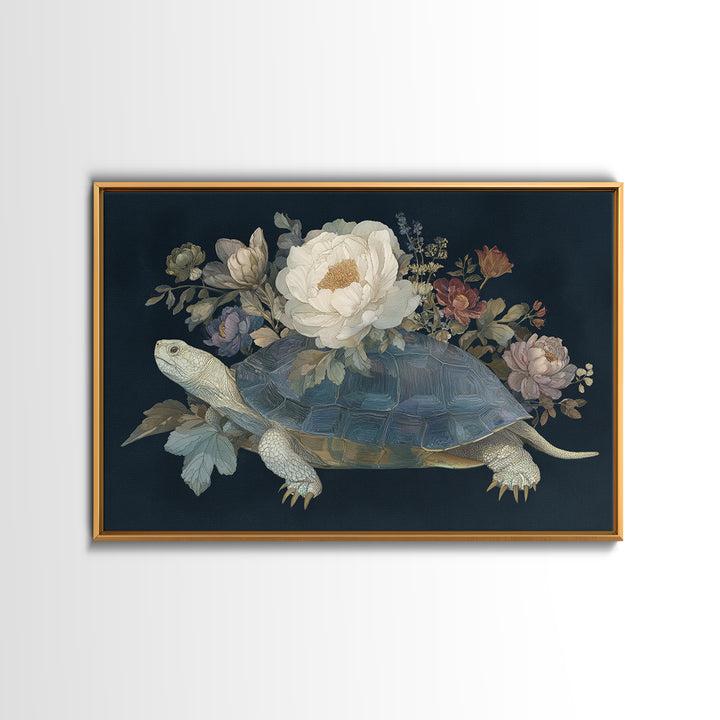 Turtle with Garden Growing on Shell Framed Canvas Print, Whimsical Art, Dopamine Decor, Living Room Decor, Fine Art, Wonder, WHI-3x2-74