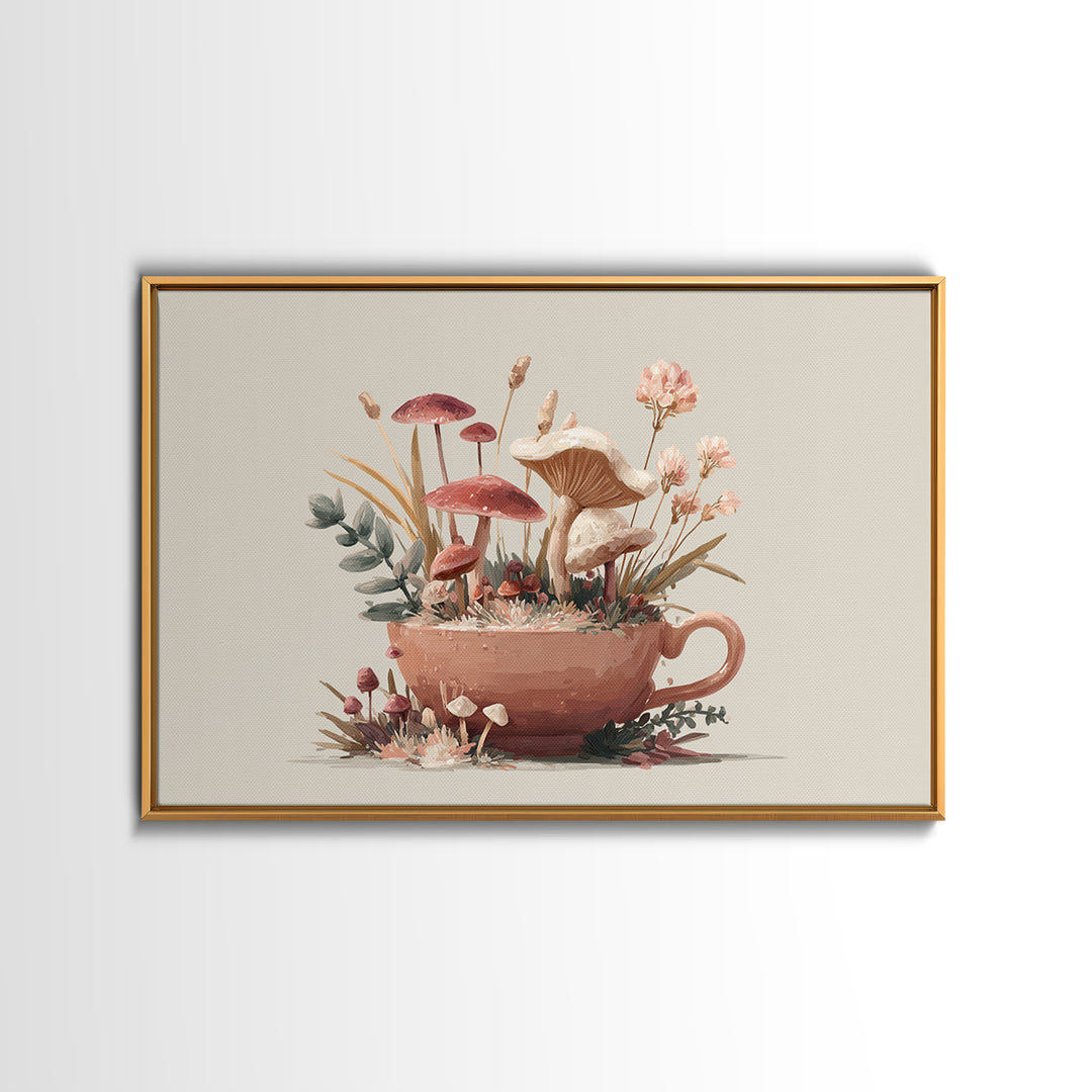 Teacup Garden with Tiny Mushrooms Framed Canvas Print, Whimsical Art, Dopamine Decor, Living Room Decor, Fine Art, Wonder, WHI-3x2-8