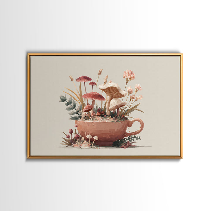 Teacup Garden with Tiny Mushrooms Framed Canvas Print, Whimsical Art, Dopamine Decor, Living Room Decor, Fine Art, Wonder, WHI-3x2-8