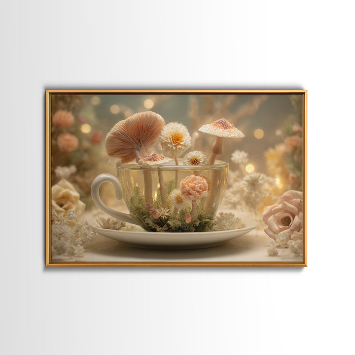 Teacup Garden with Tiny Mushrooms Framed Canvas Print, Whimsical Art, Home Decor, Living Room Decor, Fine Art, Wonder, WHI-3x2-80