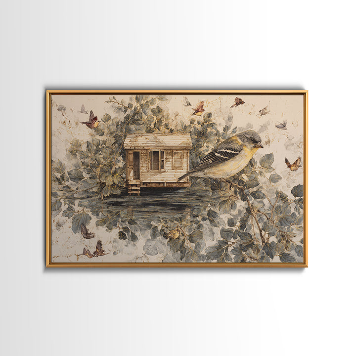 Floating House Carried by Colorful Birds Canvas Print, Whimsical Art, Framed Wall Art, Living Room Decor, Fine Art, Wonder, WHI-3x2-83