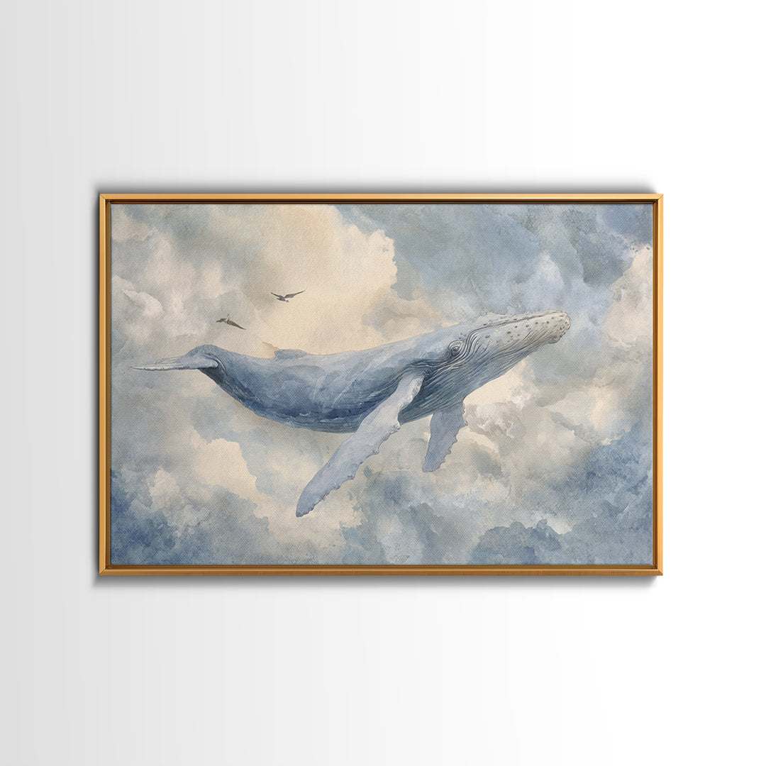 Whale Flying Through Clouds Like Ocean Canvas Print, Whimsical Art, Boho Decor, Living Room Decor, Wonder, Digital Art, WHI-3x2-89