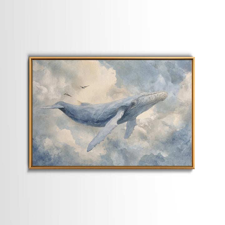Whale Flying Through Clouds Like Ocean Canvas Print, Whimsical Art, Boho Decor, Living Room Decor, Wonder, Digital Art, WHI-3x2-89