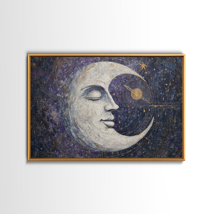 Moon with Sleeping Face and Dangling Stars Framed Canvas Print, Whimsical Art, Art Print, Living Room Decor, Fine Art, Wonder, WHI-3x2-92