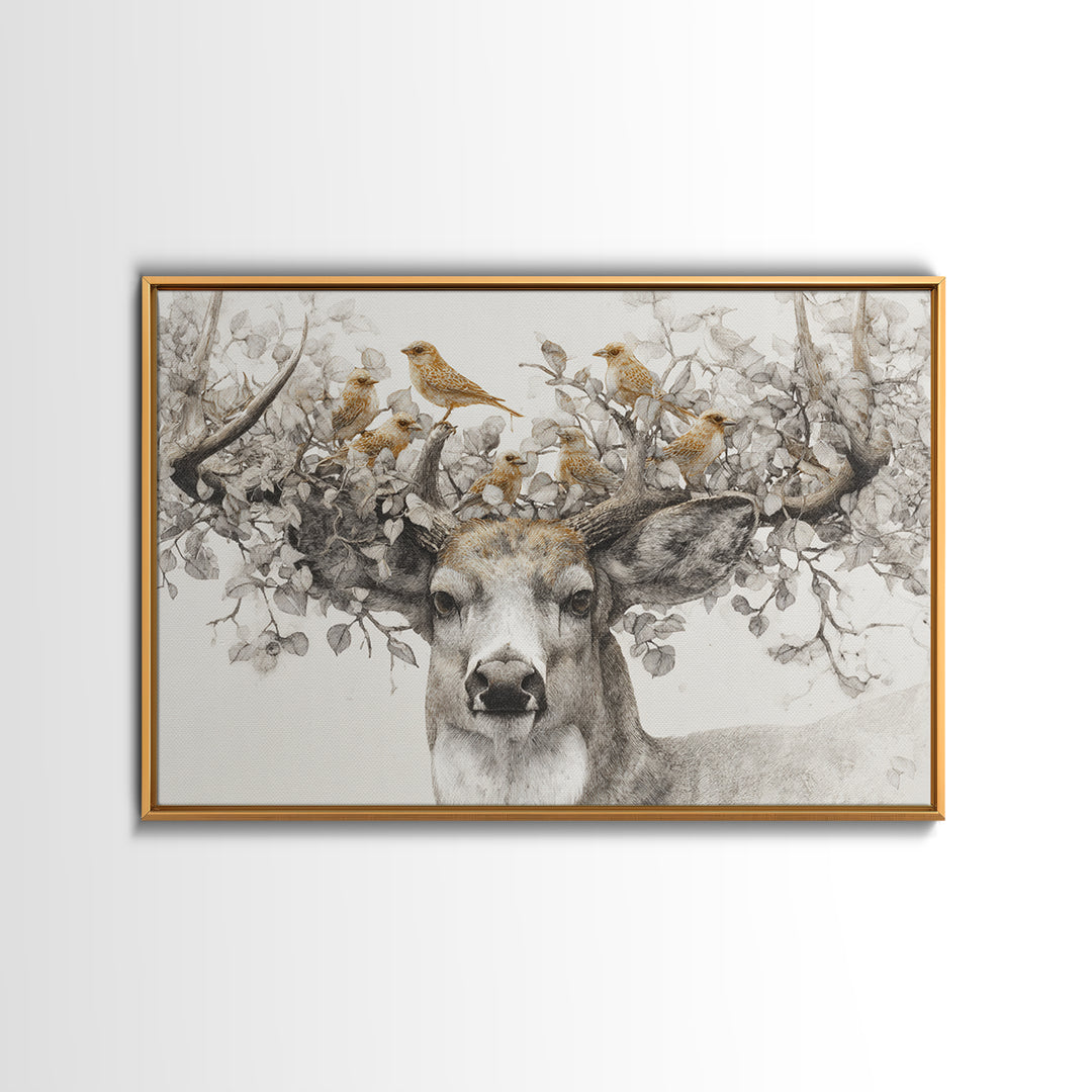 Deer with Antlers Full of Birds Framed Canvas Print, Whimsical Art, Original Art, Living Room Decor, Fine Art, Wonder, WHI-3x2-95