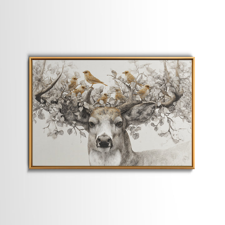 Deer with Antlers Full of Birds Framed Canvas Print, Whimsical Art, Original Art, Living Room Decor, Fine Art, Wonder, WHI-3x2-95