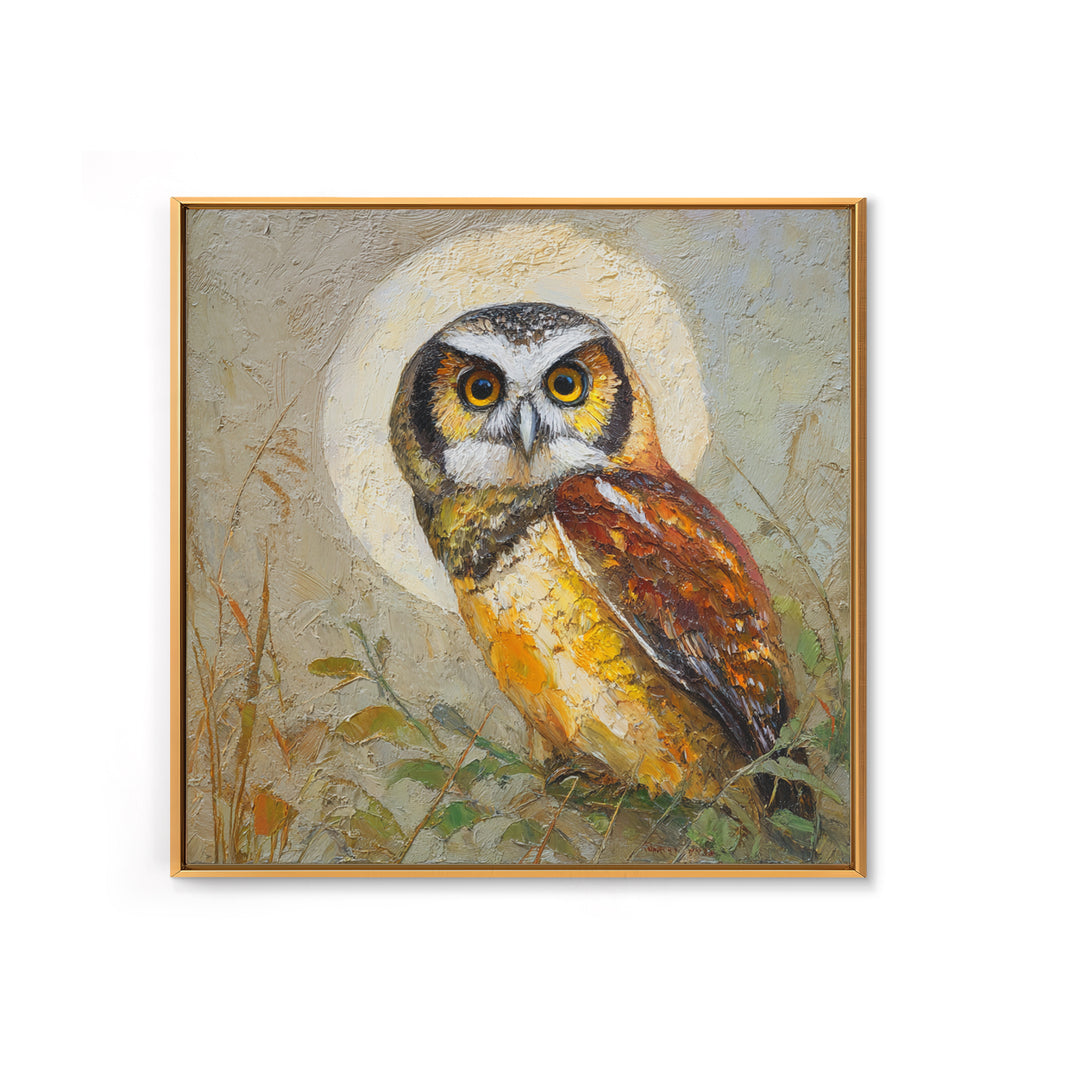 Owl Perched in Moonlit Woodland Framed Canvas Print, Wildlife Art, Wall Decor, Living Room Decor, Wild, Living Room Wall Art, WIL-1x1-12