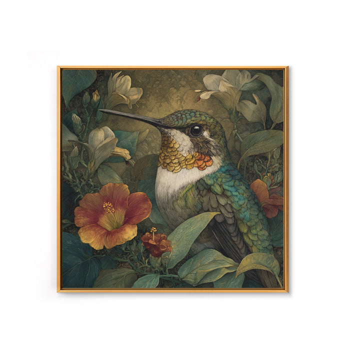 Hummingbird Beside Bright Flowers Framed Canvas Print, Wildlife Art, Canvas Print, Living Room Decor, Fine Art, Wild, WIL-1x1-16