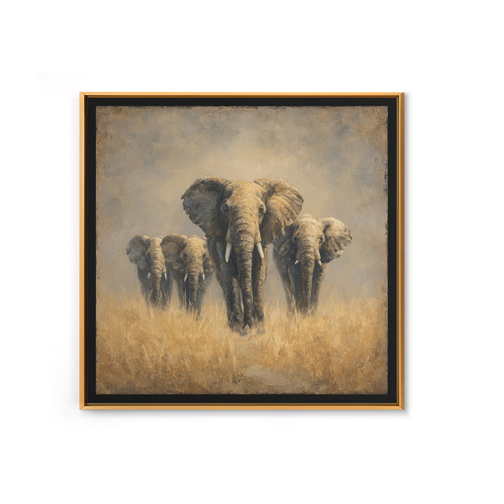 Elephant Herd Walking Through Dusty Sunset Framed Canvas Print, Wildlife Art, Bedroom Wall Art, Living Room Decor, Wild, WIL-1x1-2
