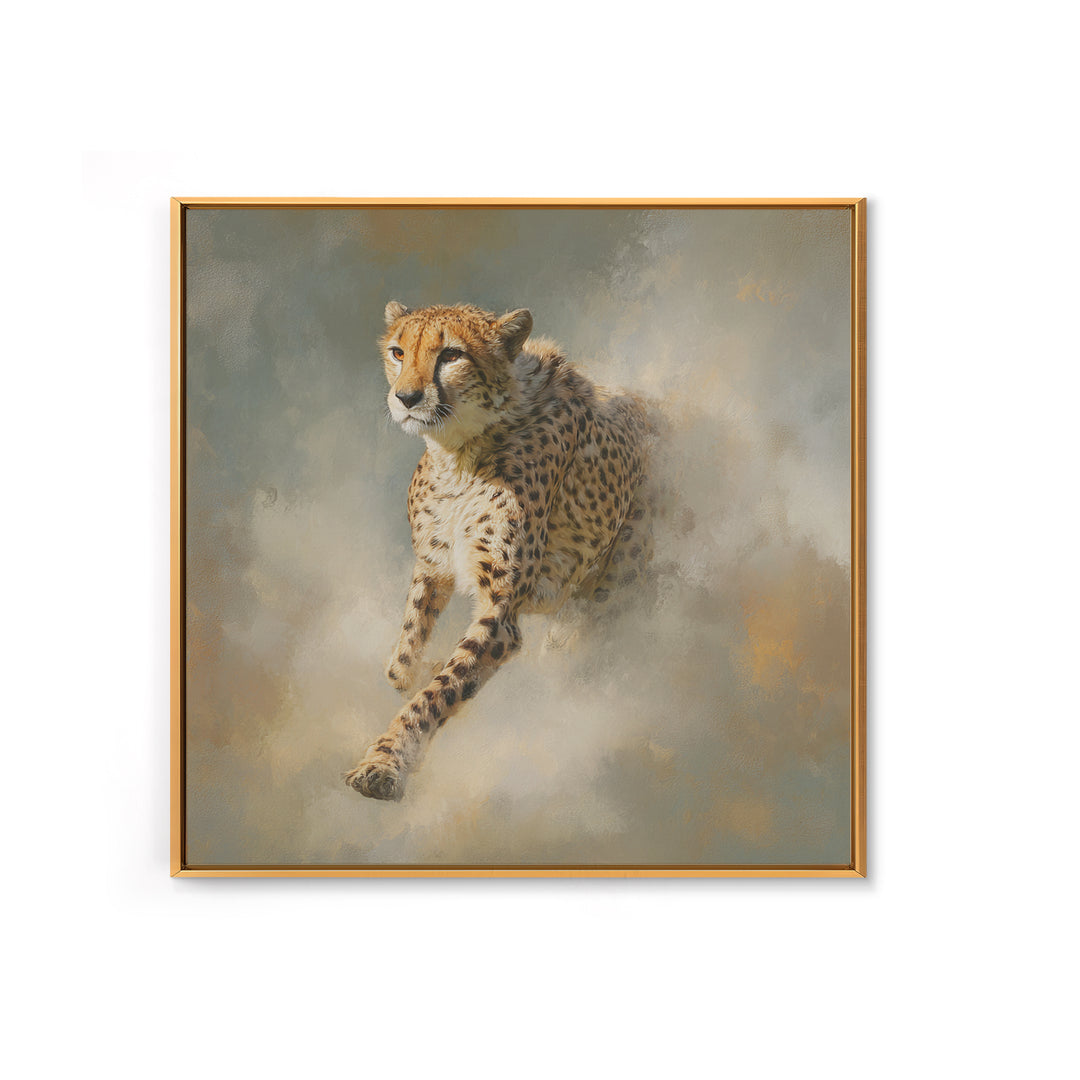 Cheetah Running Through Warm Dust Framed Canvas Print, Wildlife Art, Nature Wall Art, Living Room Decor, Fine Art, Wild, WIL-1x1-21