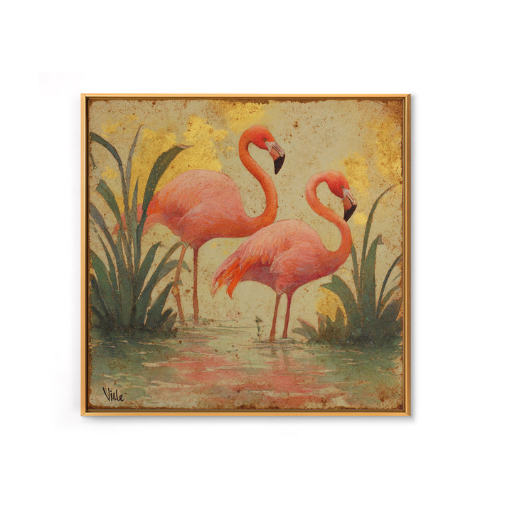 Flamingos in Pink Shallow Water Canvas Print, Wildlife Art, Bird Art, Living Room Decor, Oil Painting, Wild, Original Artwork, WIL-1x1-22