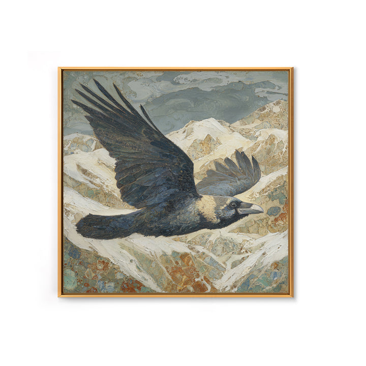 Raven Flying Through Snowy Mountains Framed Canvas Print, Wildlife Art, Living Room Art, Living Room Decor, Fine Art, Wild, WIL-1x1-24