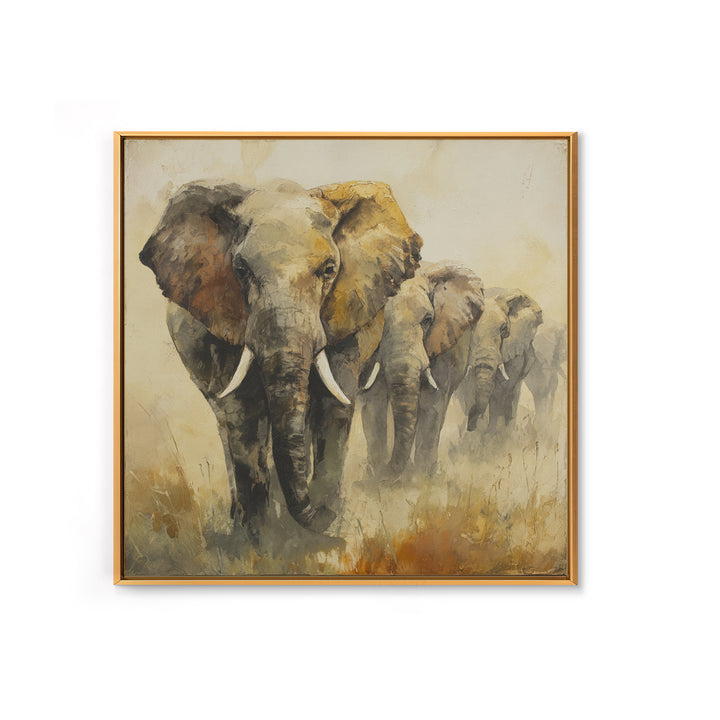 Elephant Herd Walking Through Dusty Sunset Canvas Print, Wildlife Art, Canvas Painting, Living Room Decor, Fine Art, Wild, WIL-1x1-26