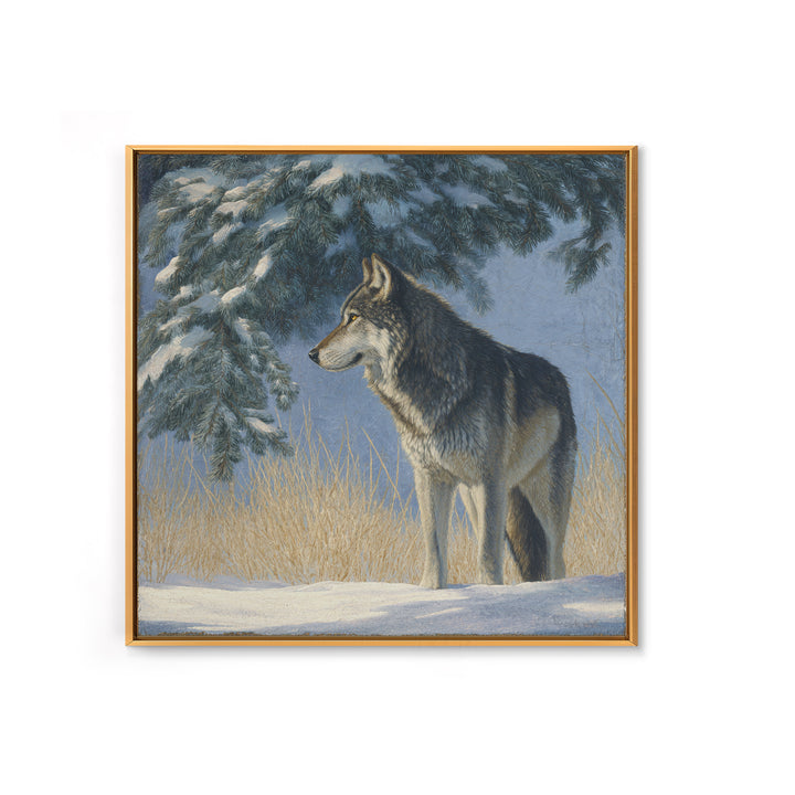 Wolf Standing Beneath Snowy Pine Trees Framed Canvas Print, Wildlife Art, Canvas Print, Living Room Decor, Fine Art, Wild, WIL-1x1-27