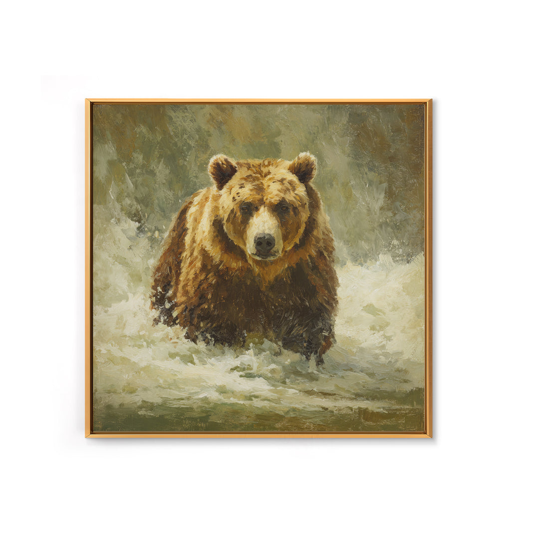 Bear Fishing in Rushing Mountain River Framed Canvas Print, Wildlife Art, Digital Wall Art, Living Room Decor, Fine Art, Wild, WIL-1x1-28