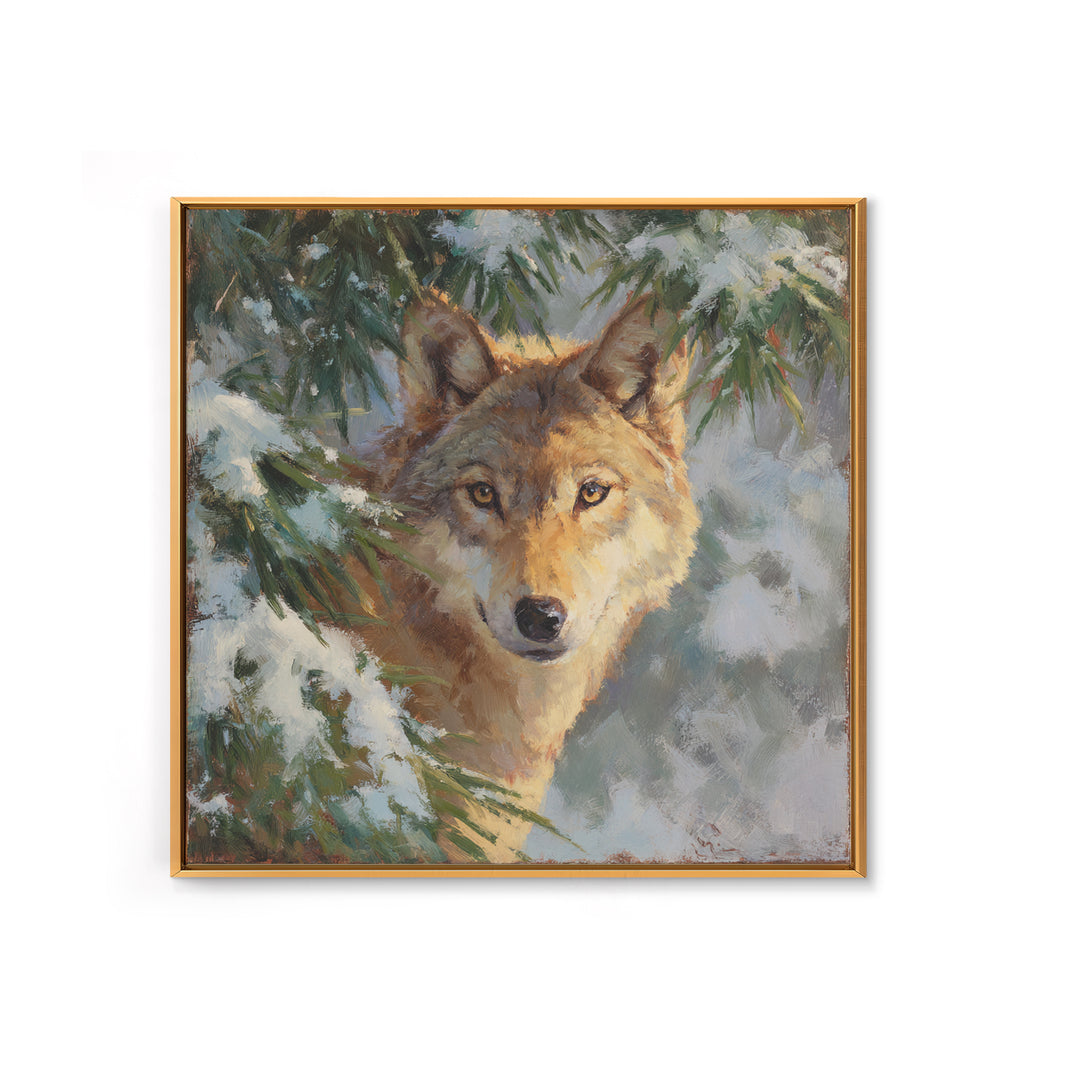 Wolf Standing Beneath Snowy Pine Trees Canvas Print, Wildlife Art, Canvas Wall Art, Living Room Decor, Abstract Art, Wild, WIL-1x1-3