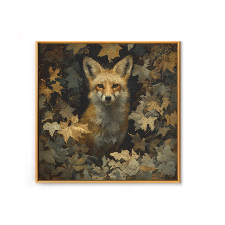 Fox in Autumn Forest Leaves Framed Canvas Print, Wildlife Art, Statement Artwork, Living Room Decor, Fine Art, Wild, Wall Decor, WIL-1x1-33