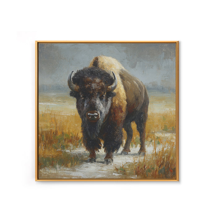 Bison on Wide Western Prairie Framed Canvas Print, Wildlife Art, Original Artwork, Living Room Decor, Oil Painting, Wild, WIL-1x1-37