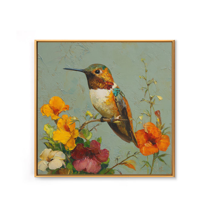 Hummingbird Beside Bright Flowers Framed Canvas Print, Wildlife Art, Art Print, Living Room Decor, Watercolor Art, Wild, WIL-1x1-40