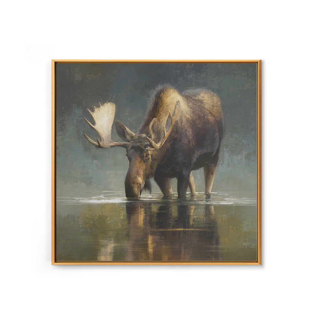 Moose Standing in Reflective Lake Framed Canvas Print, Wildlife Art, Modern Art, Living Room Decor, Wild, Neutral Decor, WIL-1x1-43