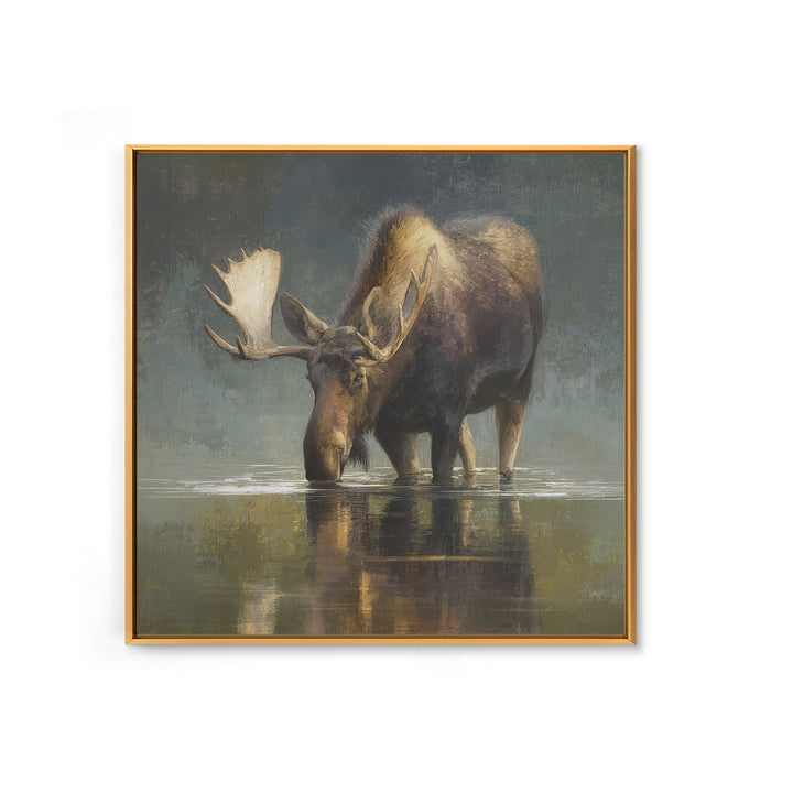 Moose Standing in Reflective Lake Framed Canvas Print, Wildlife Art, Modern Art, Living Room Decor, Wild, Neutral Decor, WIL-1x1-43