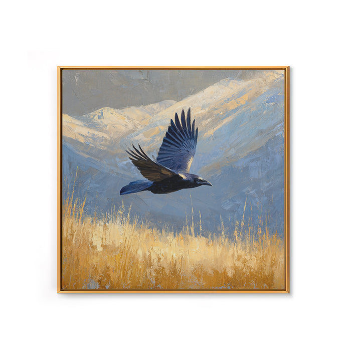 Raven Flying Through Snowy Mountains Framed Canvas Print, Wildlife Art, Art, Living Room Decor, Oil Painting, Wild, WIL-1x1-48