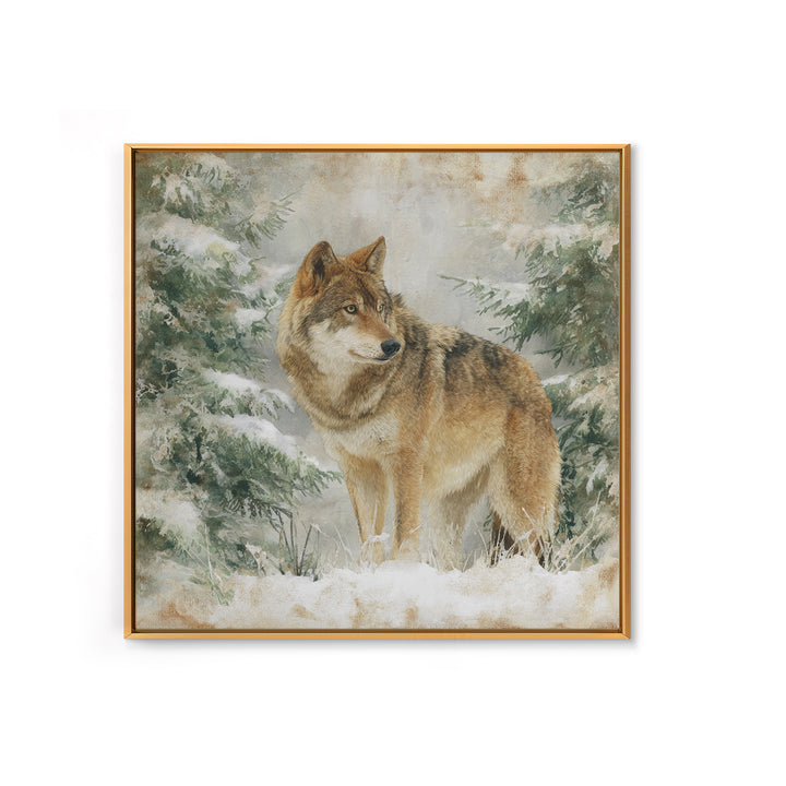 Wolf Standing Beneath Snowy Pine Trees Framed Canvas Print, Wildlife Art, Rustic Home Decor, Living Room Decor, Oil Painting, WIL-1x1-51