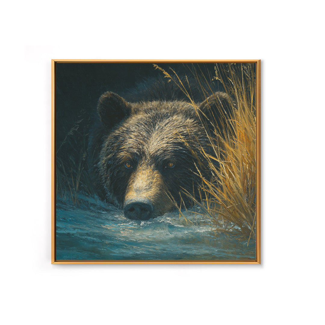 Bear Fishing in Rushing Mountain River Framed Canvas Print, Wildlife Art, Bedroom Wall Art, Living Room Decor, Fine Art, Wild, WIL-1x1-52
