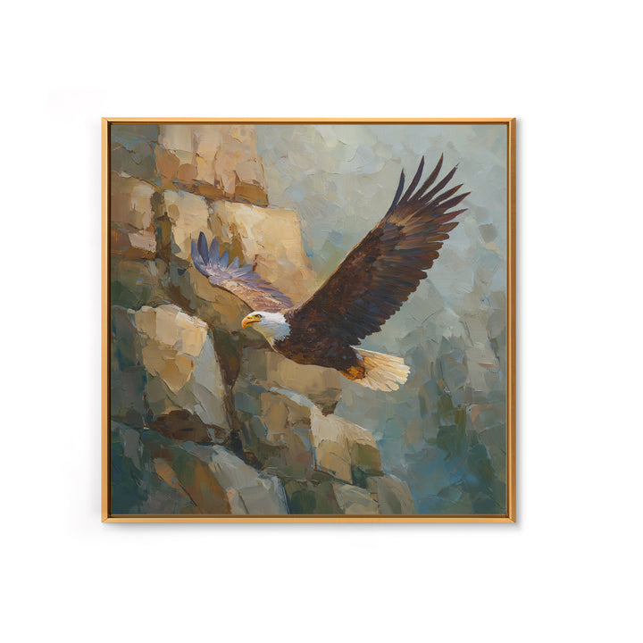 Eagle Soaring Above Rocky Cliffs Framed Canvas Print, Wildlife Art, Modern Art, Living Room Decor, Watercolor Art, Wild, WIL-1x1-6