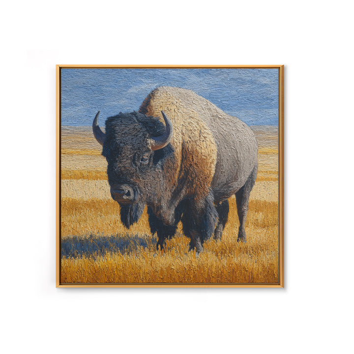 Bison on Wide Western Prairie Framed Canvas Print, Wildlife Art, Original Artwork, Living Room Decor, Oil Painting, Wild, WIL-1x1-61